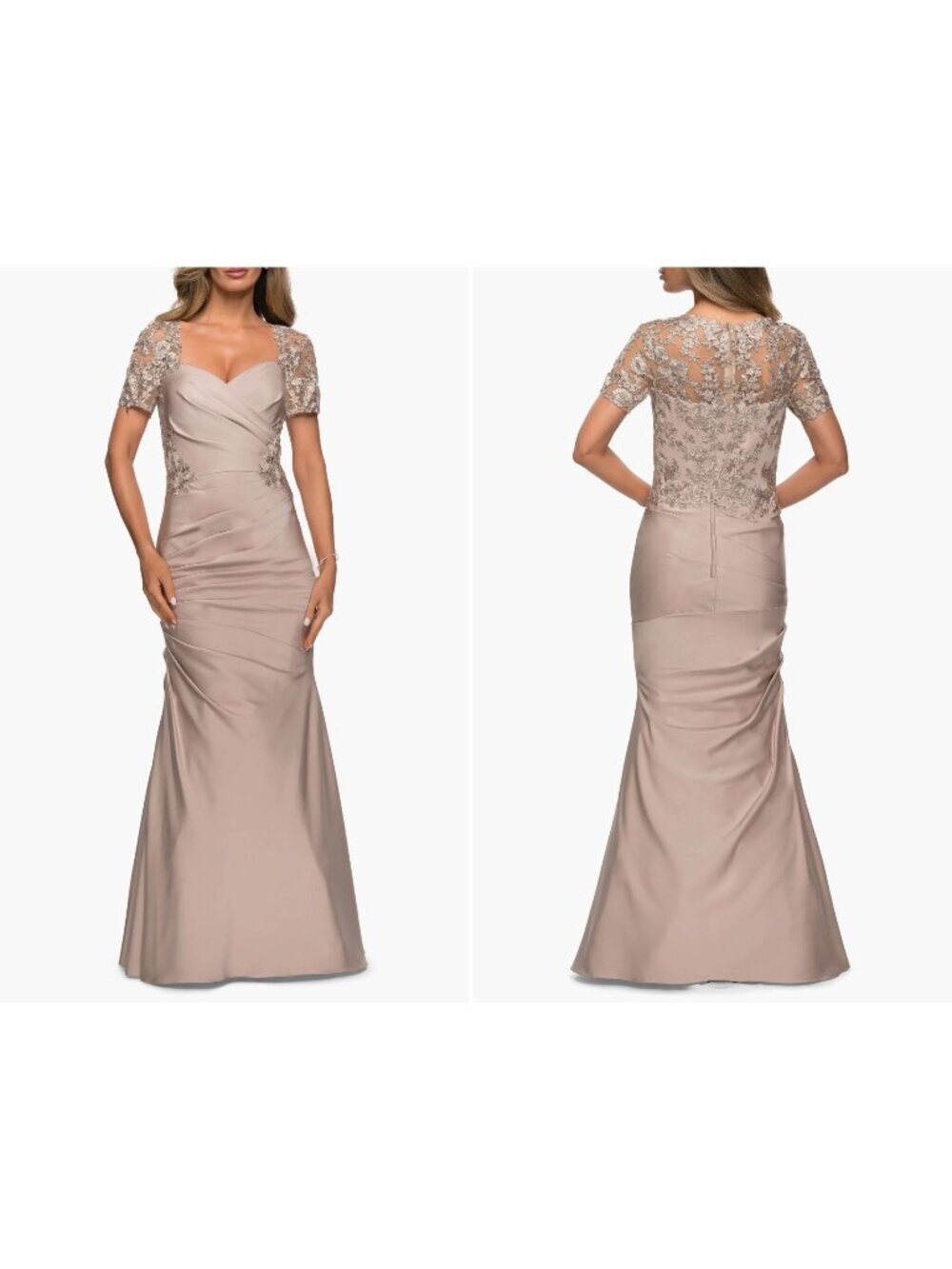 New La Femme Women's Size 6 Satin Evening Dress with Lace Scoop Neck *Defect*
